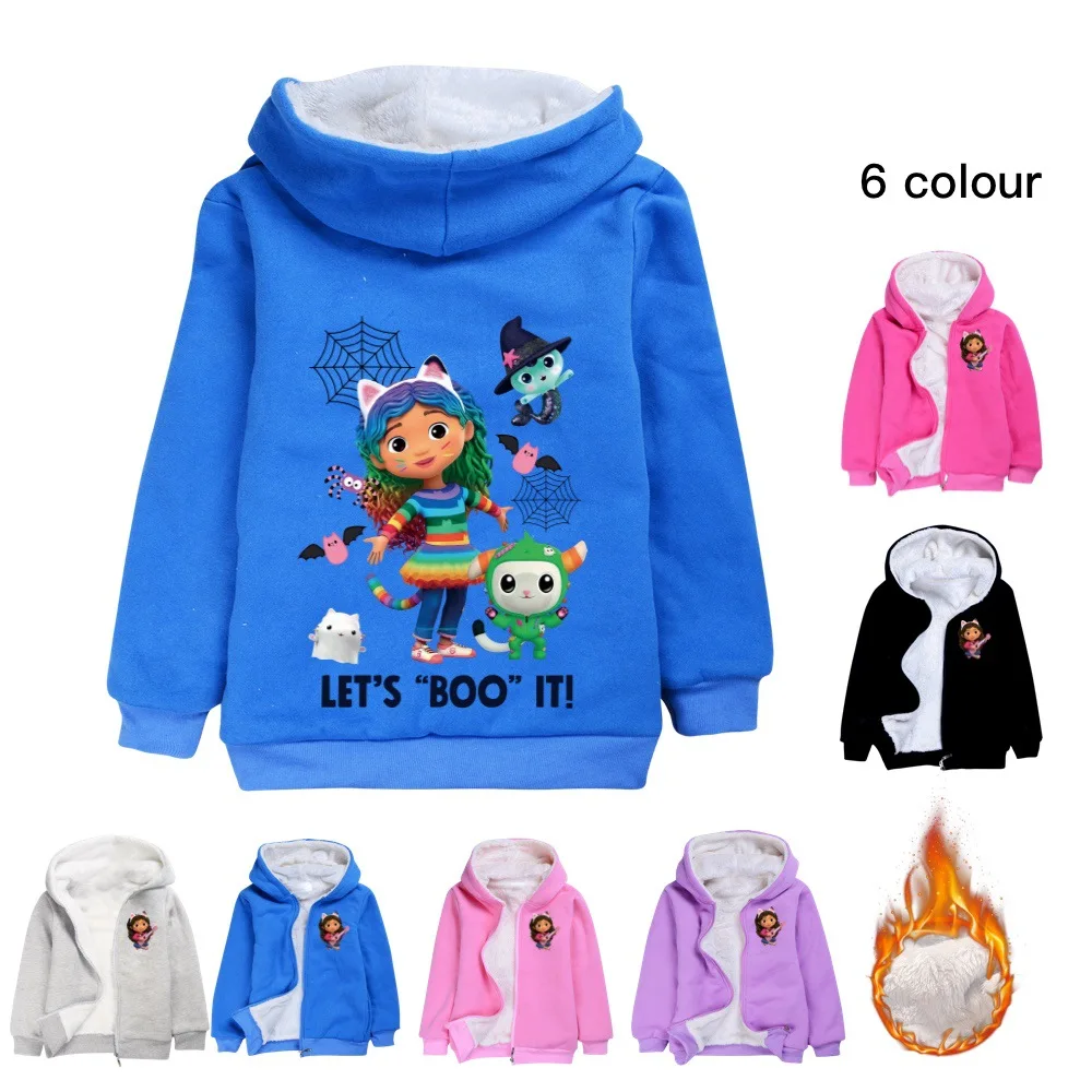 GABBY DOOLHOUSE Clothes Kids Cartoon Gaby Chat Coat Baby Girls Winter Thicken Plush Hoody Jackets Children Zipper Warm Outerwear