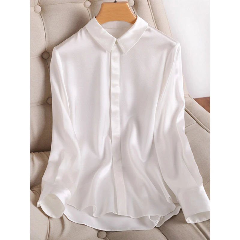 

Элегантная женская рубашка из ацетатного атласа: Премиум-дизайн, отборная модель, тренд сезона Весна-Осень, корейский стиль, для офиса и повседневной носки