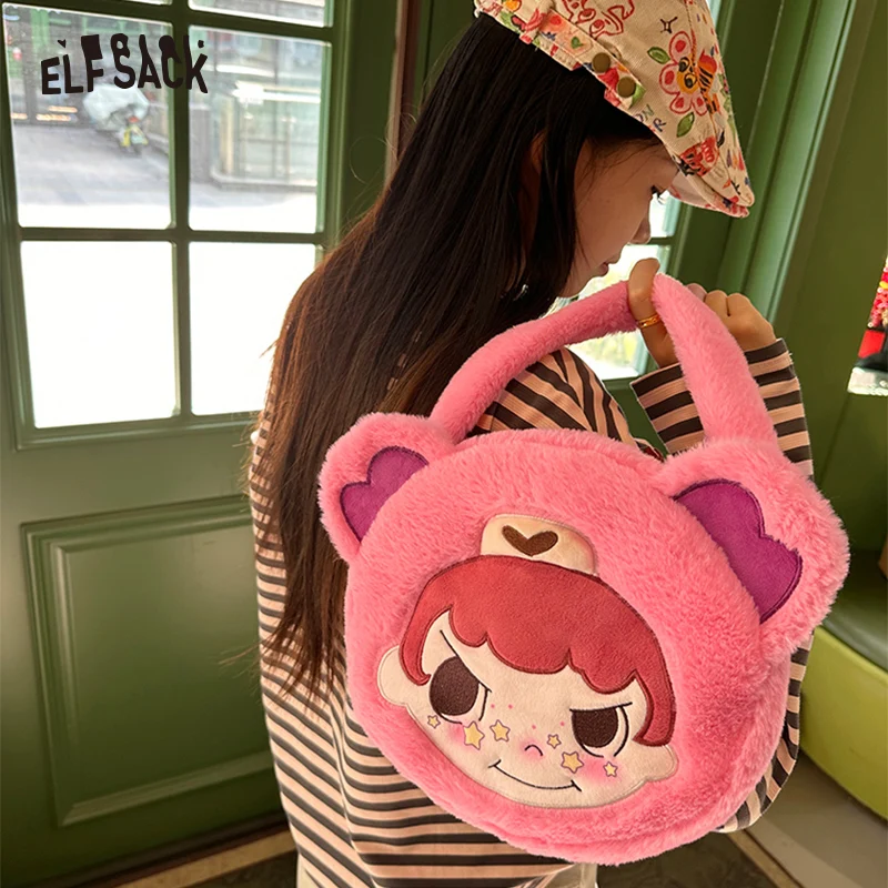 ELFSACK 2025 وصل حديثًا ربيعًا [Ai Maomao] حقيبة يد وردية من القطيفة للنساء حقيبة بناتي كرتونية لطيفة