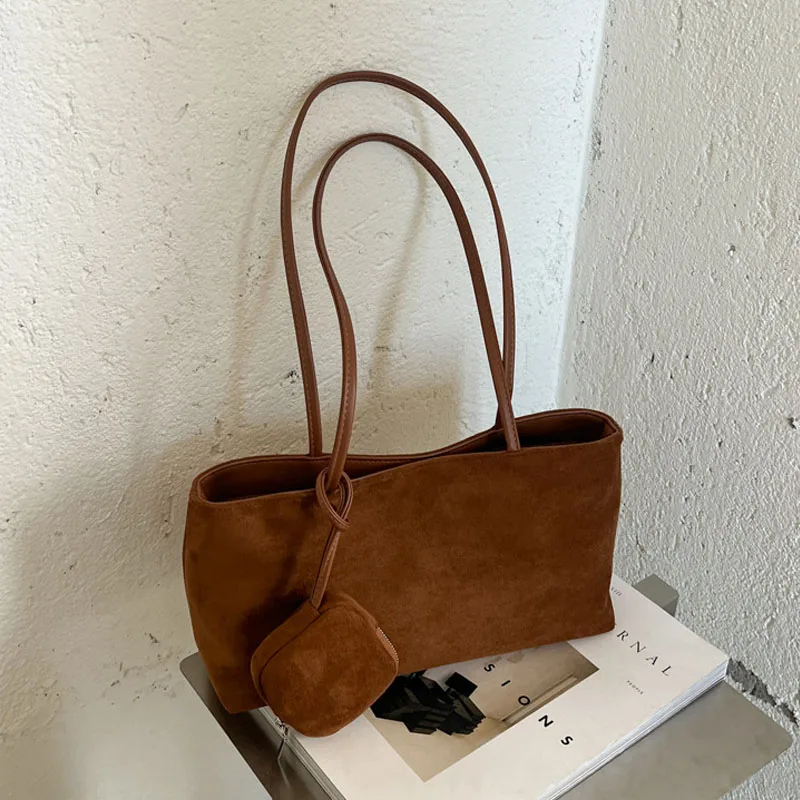 Large Capacity Faux Suede Tote Bag Women's Autumn Winter New Casual Handbags Retro Commute One Shoulder Underarm Bags with Deco