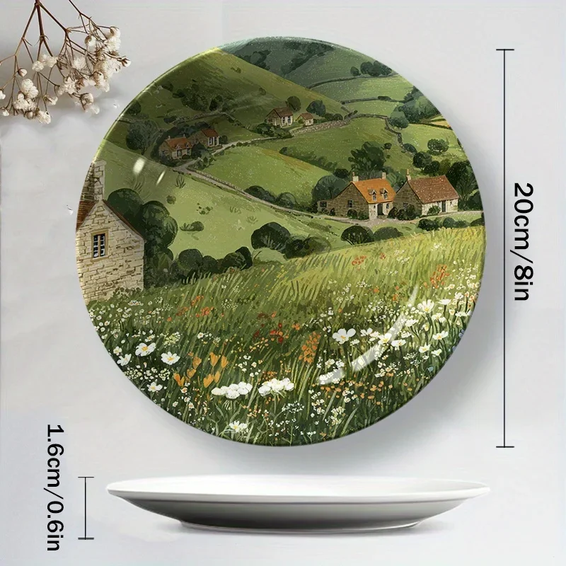 1pc Hand Painted Ceramic Decorative Plate | Countryside Landscape Wall Art, Round Shape, Art Deco Style, Non-Food Contact,