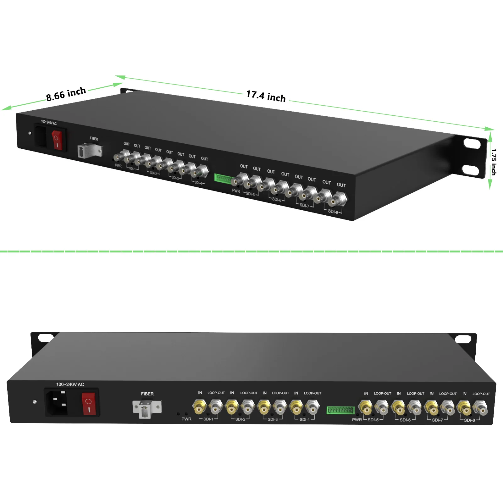 CWDM およびループアウトをサポートする 1U ラックマウント可能な 8 チャンネル 3G-SDI ファイバー コンバーター、シングル LC ファイバー経由で 1080@60Hz 最大 20KM