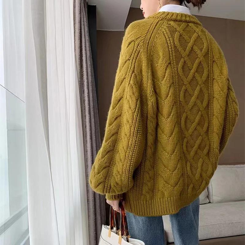 Round NECK twist flower cashmere sweater female autumn winter cover head thick sweater pure woolen sweater knitting outside wear