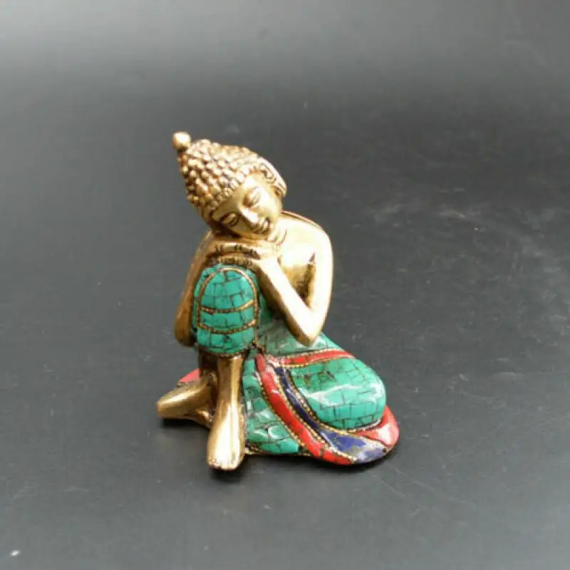 old bronze Classic Turquoise inlaid stone Buddha statue of Sakyamuni Buddha Collectible