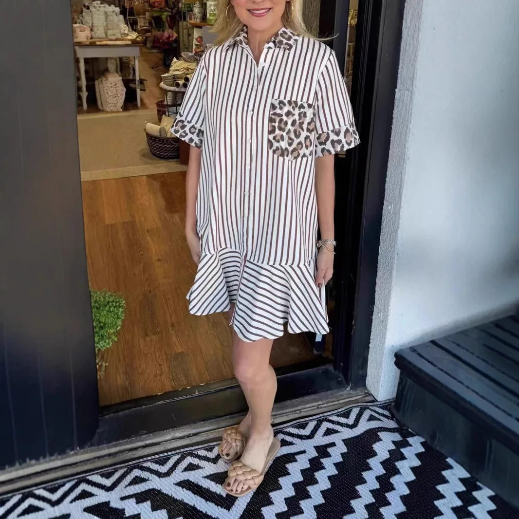 2025 Summer Fashion Women's Casual Trendy Striped Turn-down Collar Short Sleeve Above Knee Length Shirt Dresses Female Clothes