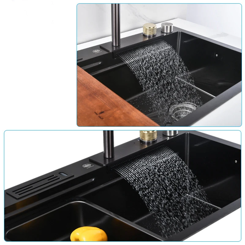 

Nano Black Step Kitchen Sinks 304 Stainless Steel Handmade Above Mount Waterfall Faucet Sink Kitchen