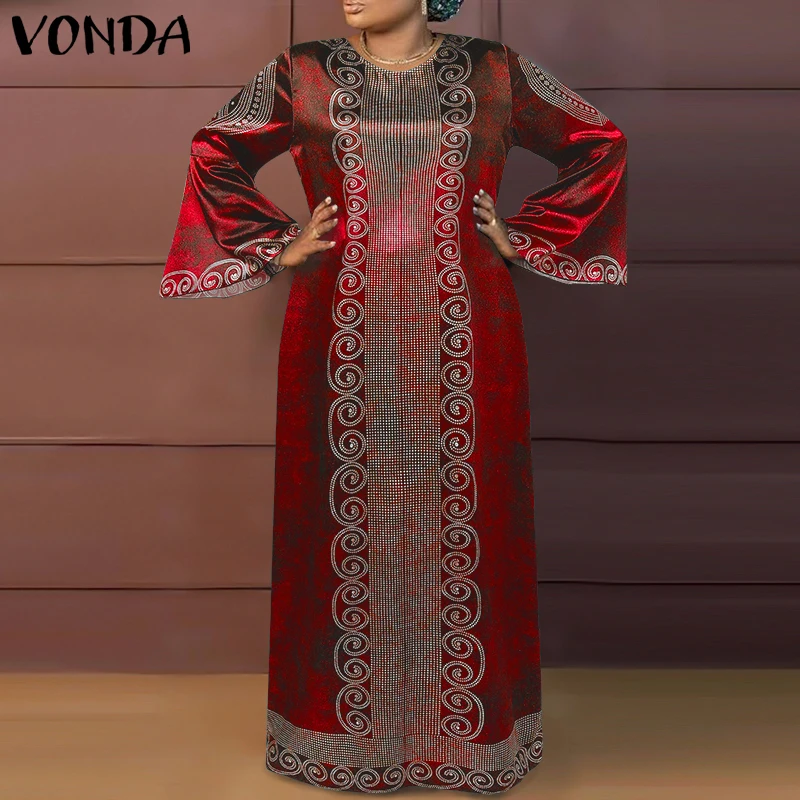 VONDA Damen Maxi-Langkleid 2026 – Elegantes Boho-Kleid mit Print, Vintage-Sommerkleid mit ausgestellten langen Ärmeln, lockeres Oversize-Kleid