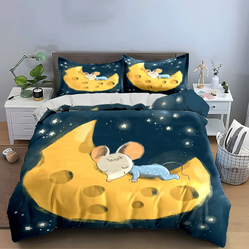 Mouse Sleeping on Moon Cheese Soft Skin-Friendly Bedding Set Includes 1 Duvet Cover And 2 Pillowcase, Gift