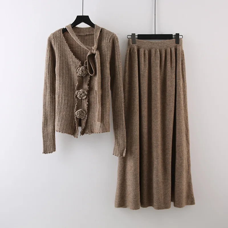 

SuperAen Three-dimensional Flower Long-sleeved Knitted Sweater High-waisted Skirt Women's Autumn Fashion Sets