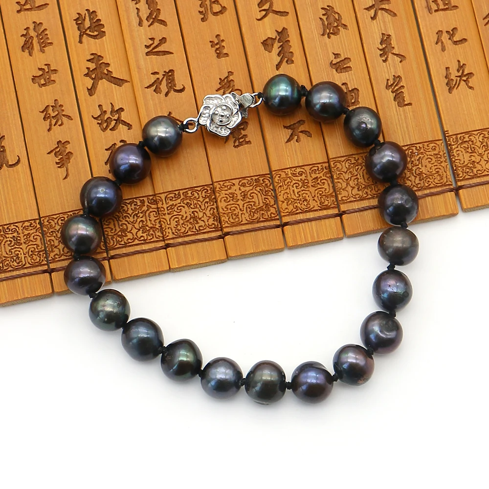 

Радужный черный круглый жемчужный браслет из бисера с отверстиями и застежкой в форме цветка, ювелирный аксессуар, праздничное украшение, подарок на вечеринку