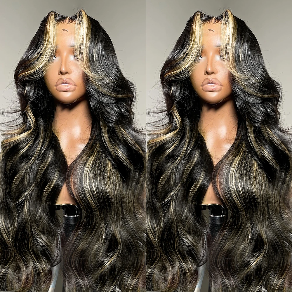 Perruque Body Wave Brésilienne Naturelle à Reflets, Cheveux Humains, Couleur Blond Ombré 1B/27, 13x4, Densité 200, 30 Pouces