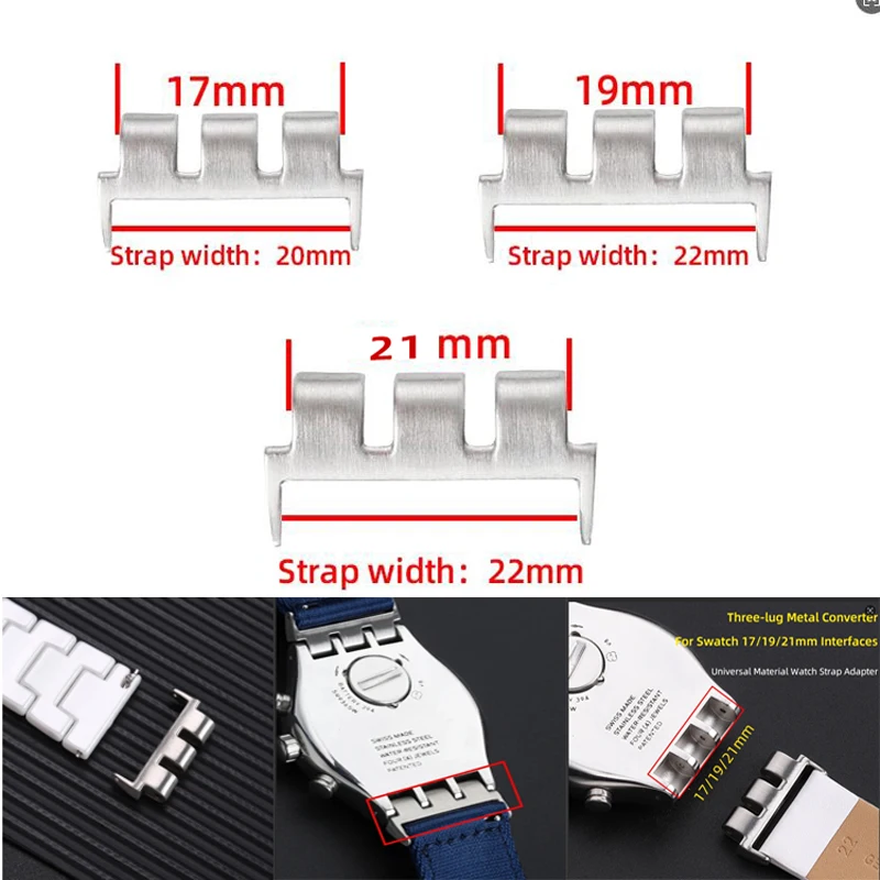 17mm 19mm 21mm 스트랩 커넥터 어댑터 컨버터 스와치 시계 액세서리 엔드 링크 시계 트리플 포트 어댑터 스트랩 도구 포함