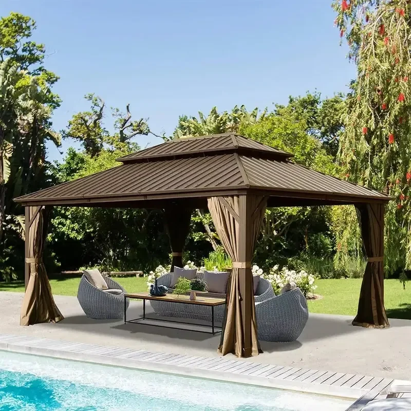 Hardtop Aluminum Gazebos 10x14FT Double Roof Canopy Curtain Netting Backyard Gardening Rainproof Waterproof Windproof