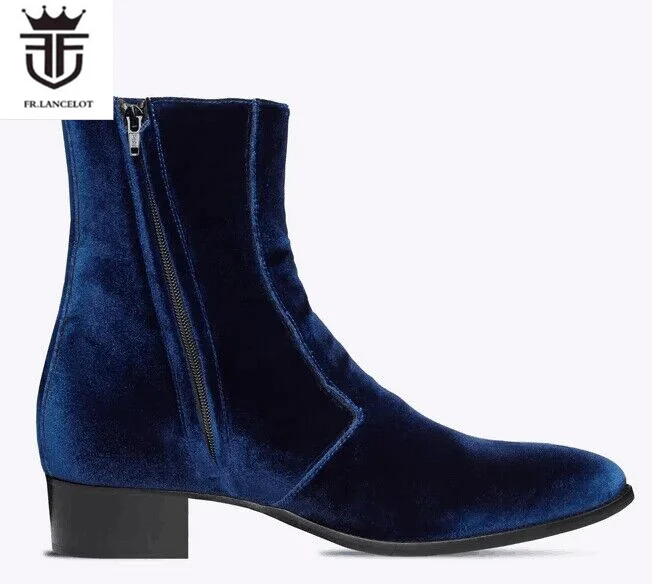 Hot sale men Blue velvet leather boots zip on casual ankle roma booties male party shoes rivets stud mens point toe boot western