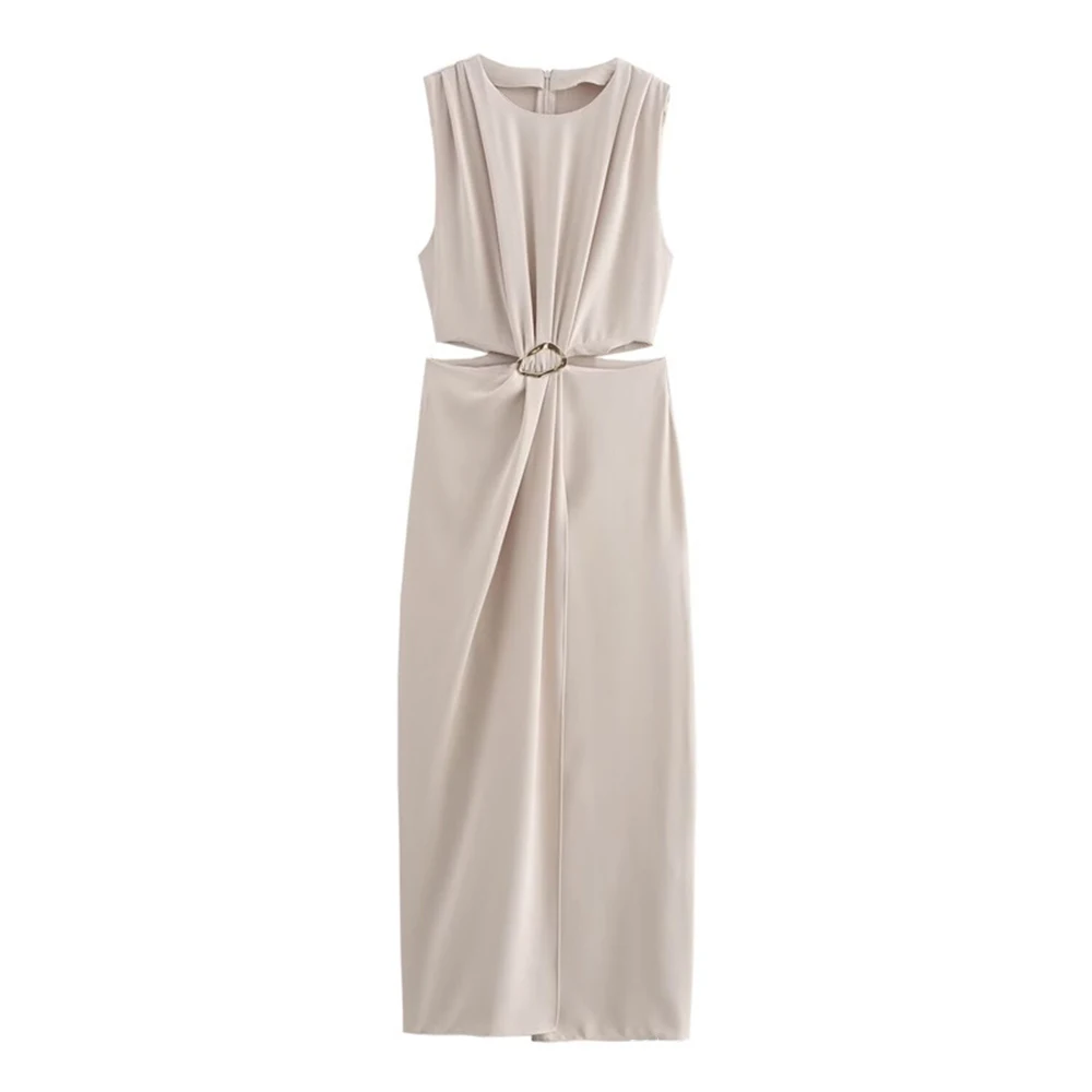 ชุดเดรสแฟชั่นฤดูร้อน Simple Cut-Out แขนกุดคอกลม Midi Casual Shift ชุดเดรสสําหรับผู้หญิง