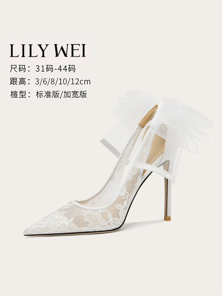 

Summer shallow lace mesh bow flat wedding shoes thin high heels waterproof table banquet large size small size women's sandals