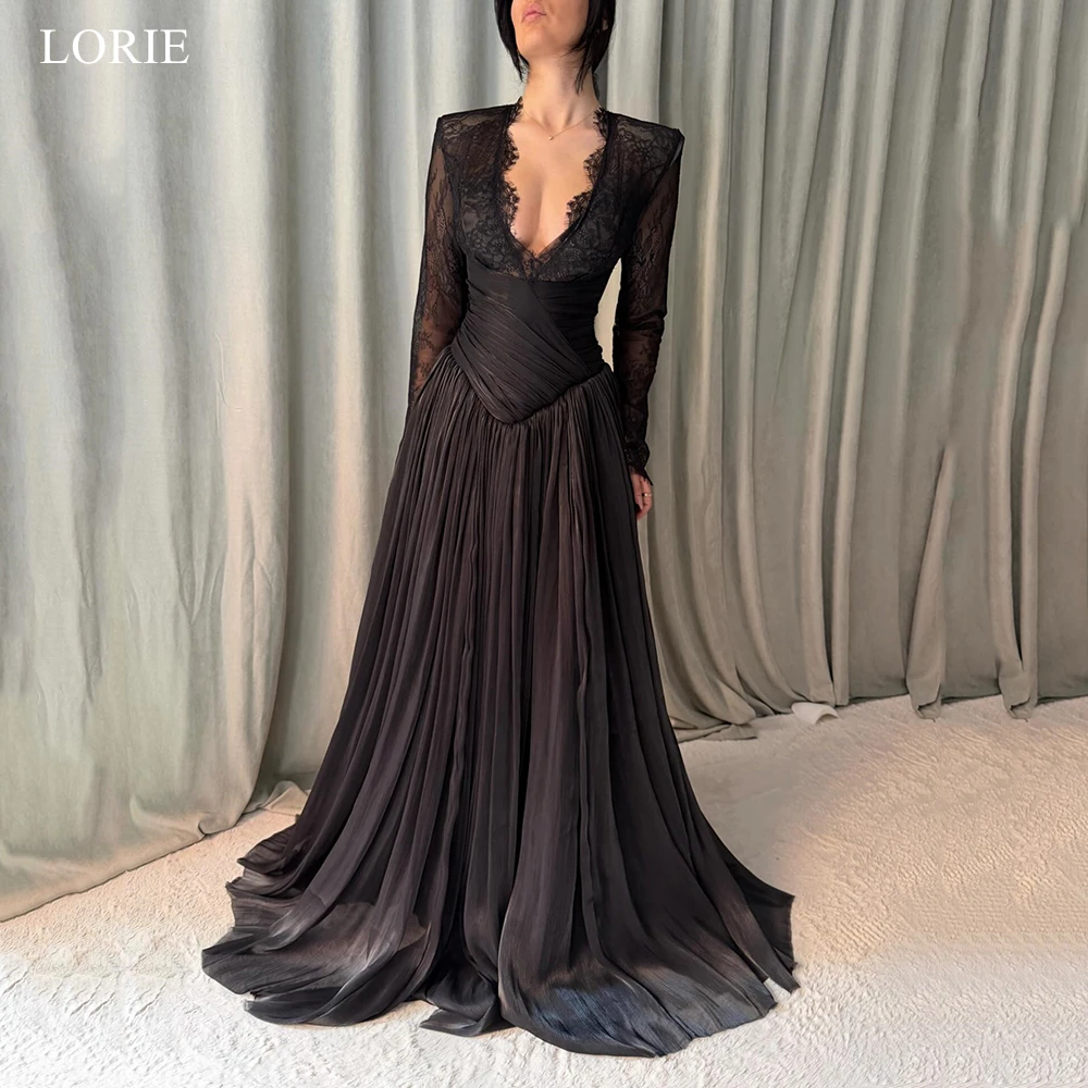 

LORIE Sexy V-Neck Cut-out Lace Evening Dress Full Sleeves Pleat Waist-Cinching Party Gowns Draped A-Line Prom Dress Customized