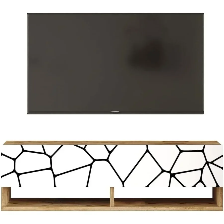 TV Unit for living room, cobble pine wood, white UV print finish, 40 inches floating entertainment unit with sleek modern desig