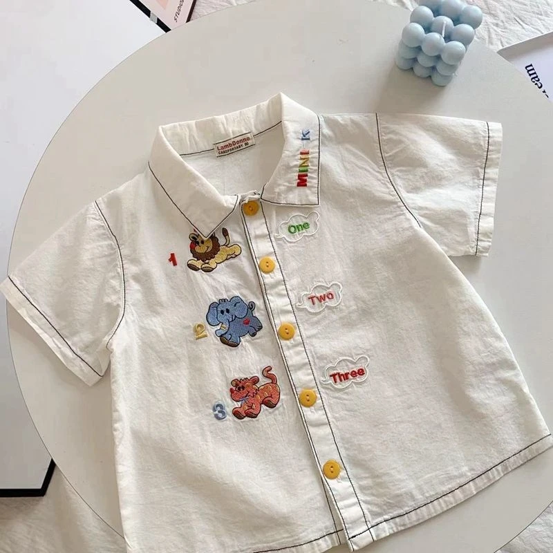 New Japanese style Boys cartoon embroidery white Shirt Kids turn-down collar short sleeve casual Tops