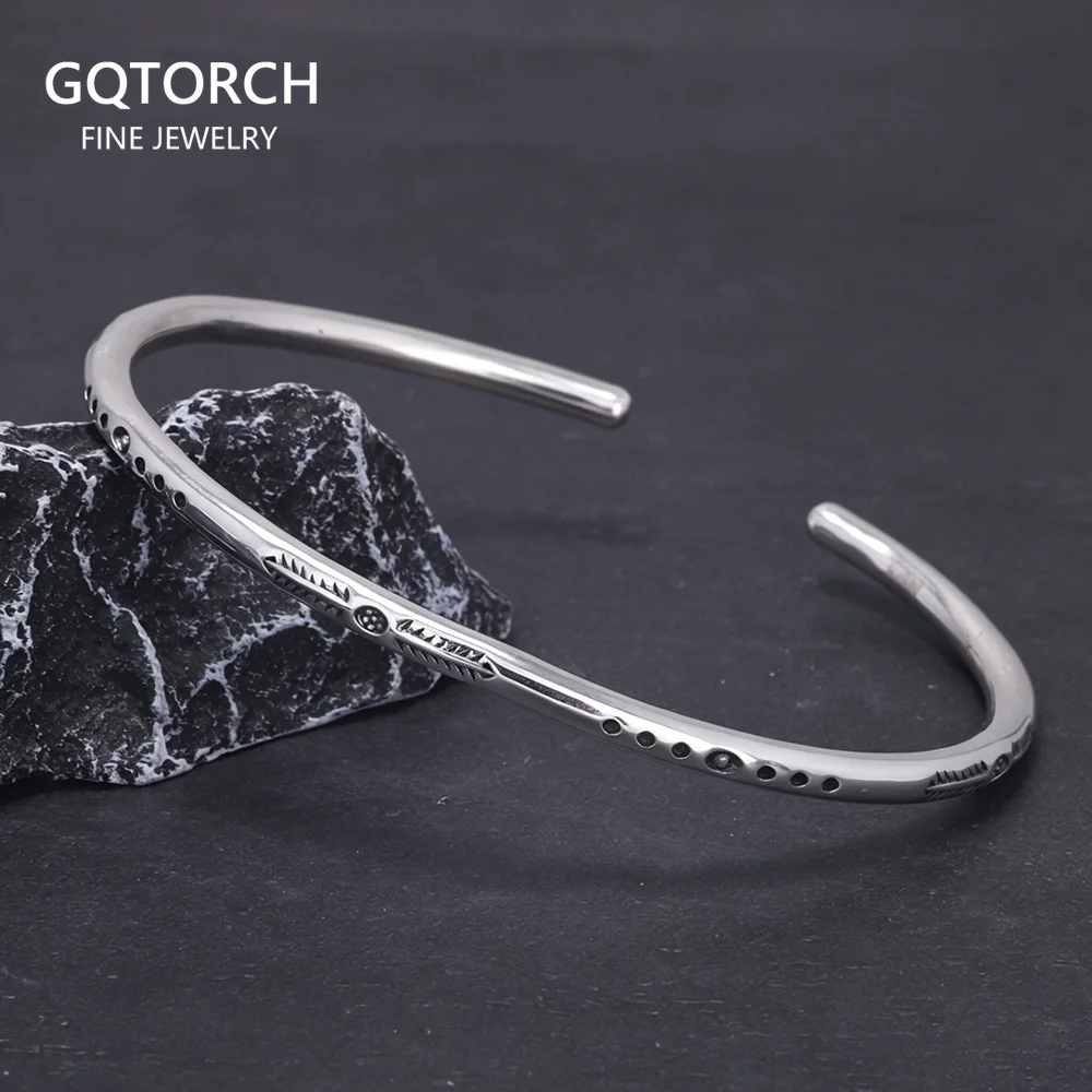925 Sterling Silver Feather Thin Cuff Bangle Bracelet for Women Men Moon Star Design Retro Simple Indian Fine Jewelry Party Gift