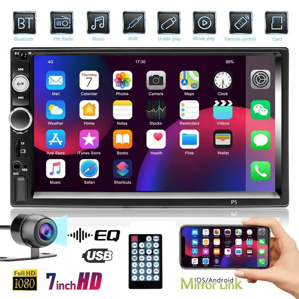 Double 2 Din Car Stereo Radio 7" Touch Screen Bluetooth Audio + Backup Camera, USB, SD Card, FM Radio