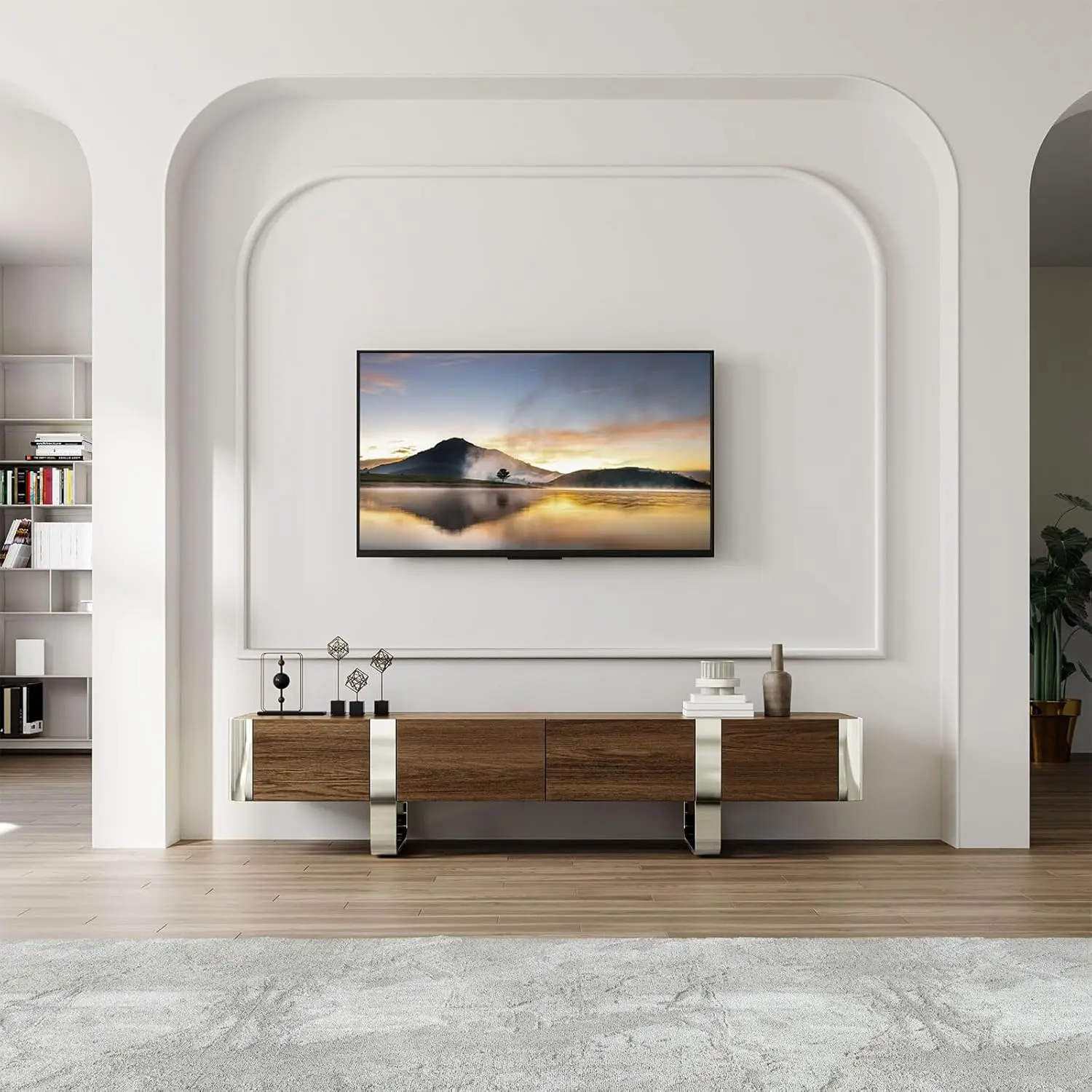 

Walnut TV Stand 79" Entertainment Center Hidden Drawers Cabinets Media Console Chrome Leg Living Room, Customized