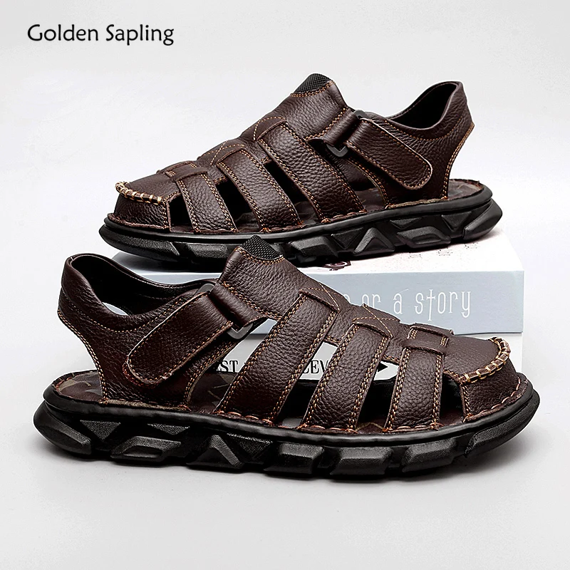 Golden Sapling Summer Shoes Genuine Leather Men\'s Sandals Fashion Platform Flats Casual Beach Shoe Men Leisure Outdoor Sandals