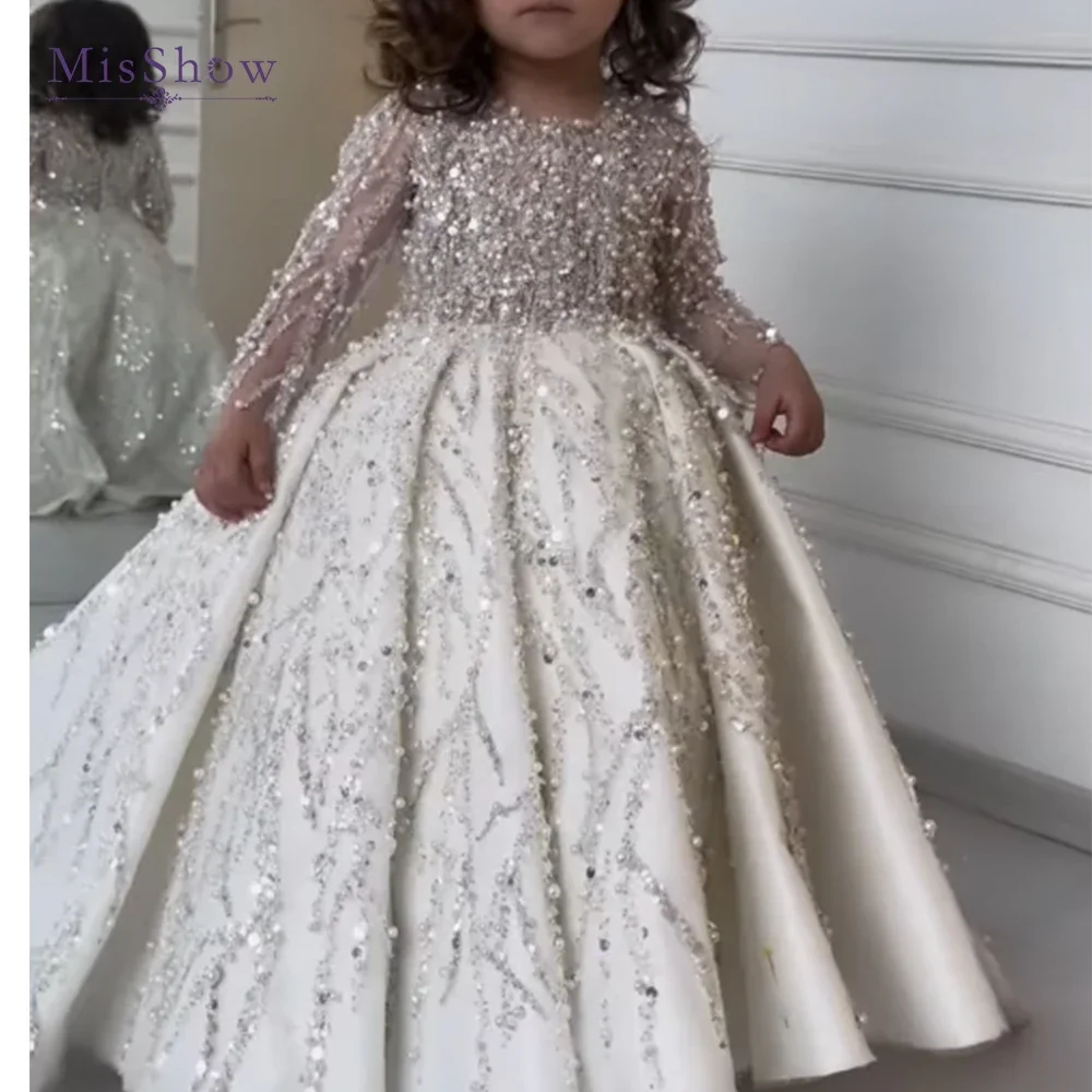 MisShow Custom Blumenmädchenkleid Hochzeitskleid Erstes Weihnachtskleid Partykleid Langarm Pailletten Prinzessin Kinder formelles Kleid