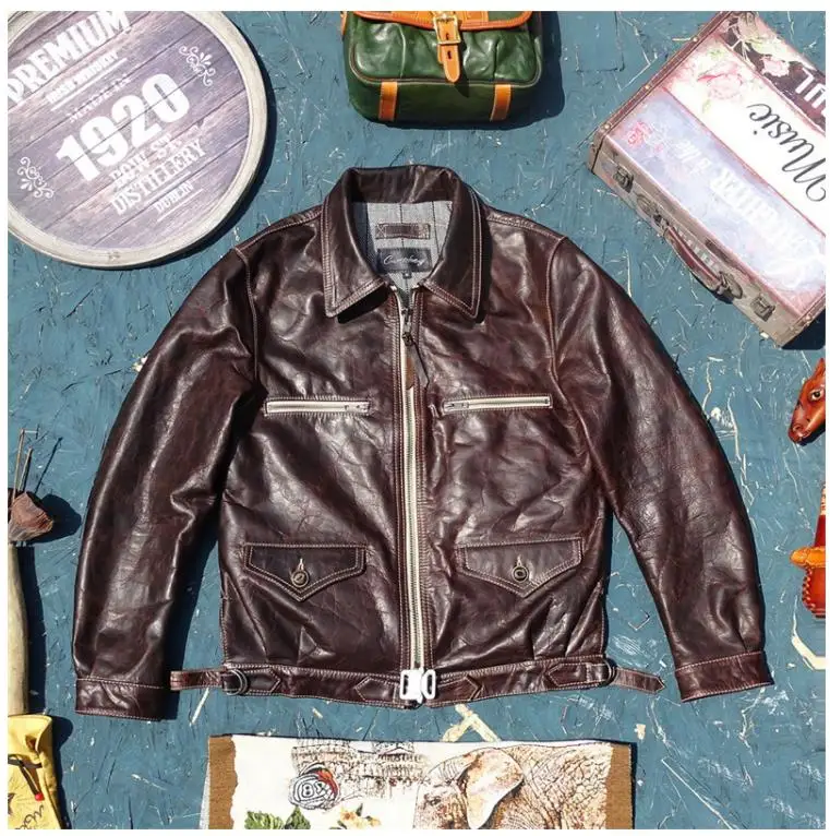 

YR!Free shipping.2022 new Men German pilot Batik leather jacket.Vintage brown horsehide coat.Soft rider genuine leather cloth