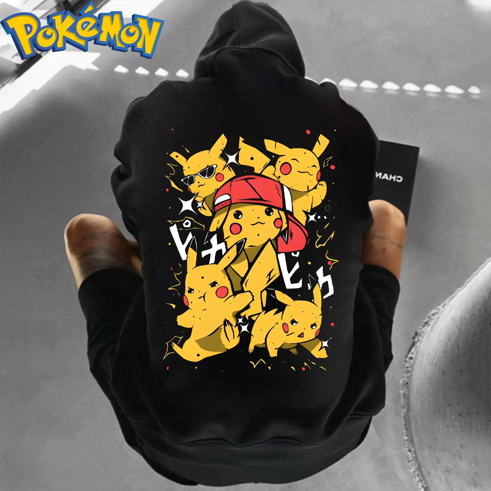Pokemon Anime Pikachu Felpa con cappuccio in cotone Pantaloni Harajuku Set Stampa di caratteri gialli neri con design a cappello rosso Abito a due pezzi casual
