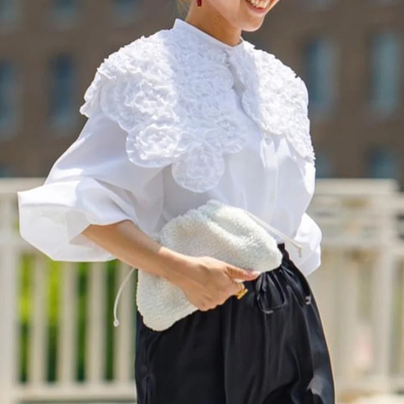 Spring Upscale Chic Detachable Fungus Peter Pan Collar Blusas Mujer High Quality Shirts Tops Japan Style Loose Blouses Femme