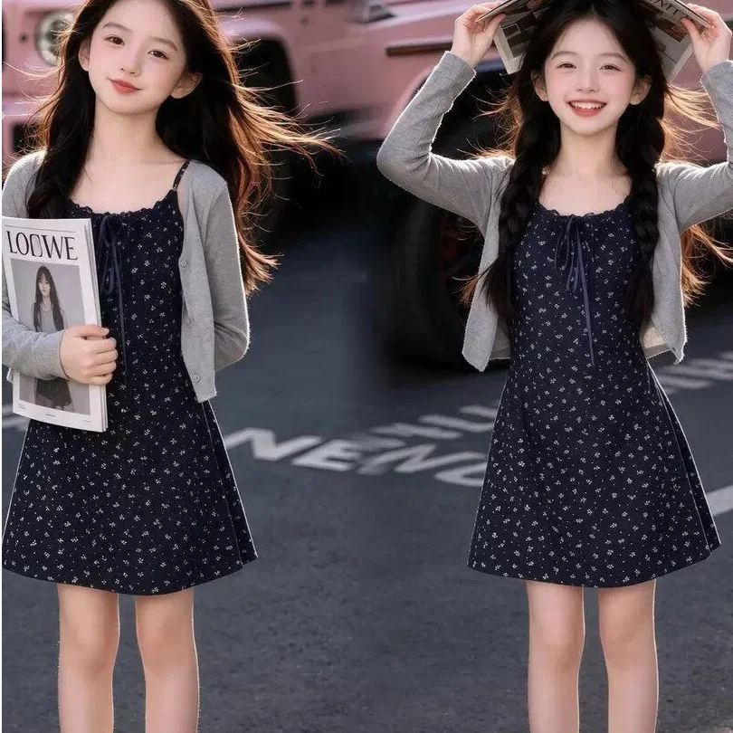 Girls Summer Strapless Floral Long Dress Sun Protection Jacket Two Piece Set 2026 New Middle Big Kids Korean Rural Style Set