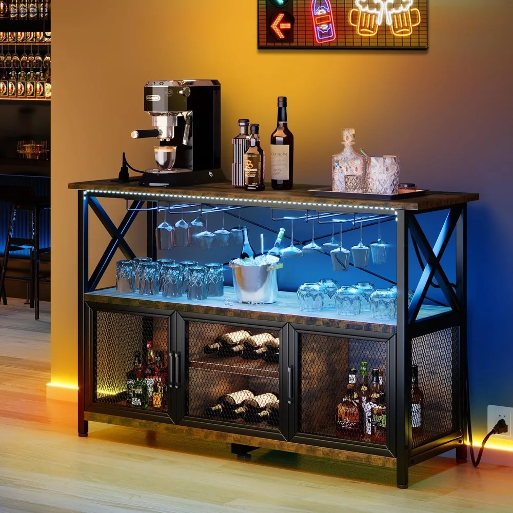 

Wine Bar Cabinet with LED Lights Power Outlets, Industrial Coffee Bar Cabinet with Storage and Goblet Stand Sideboard