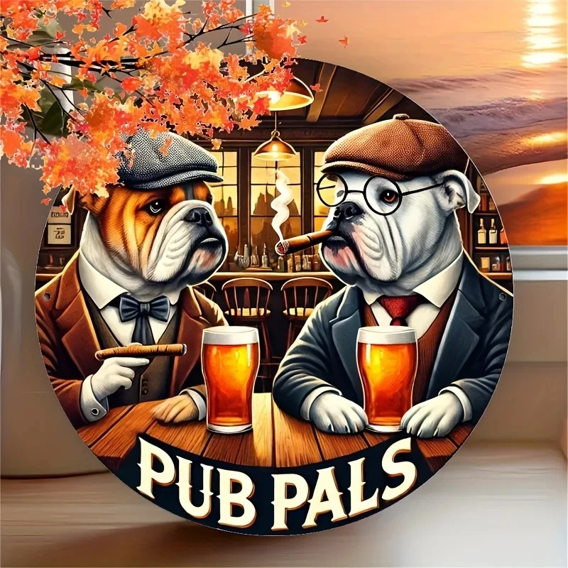 8x8inch Vintage Bulldog Bar Metal Sign - Retro Aluminum Wall Art Featuring Humorous Bulldog Scenes, Perfect for Bars, Cafes, and Beach Cabins