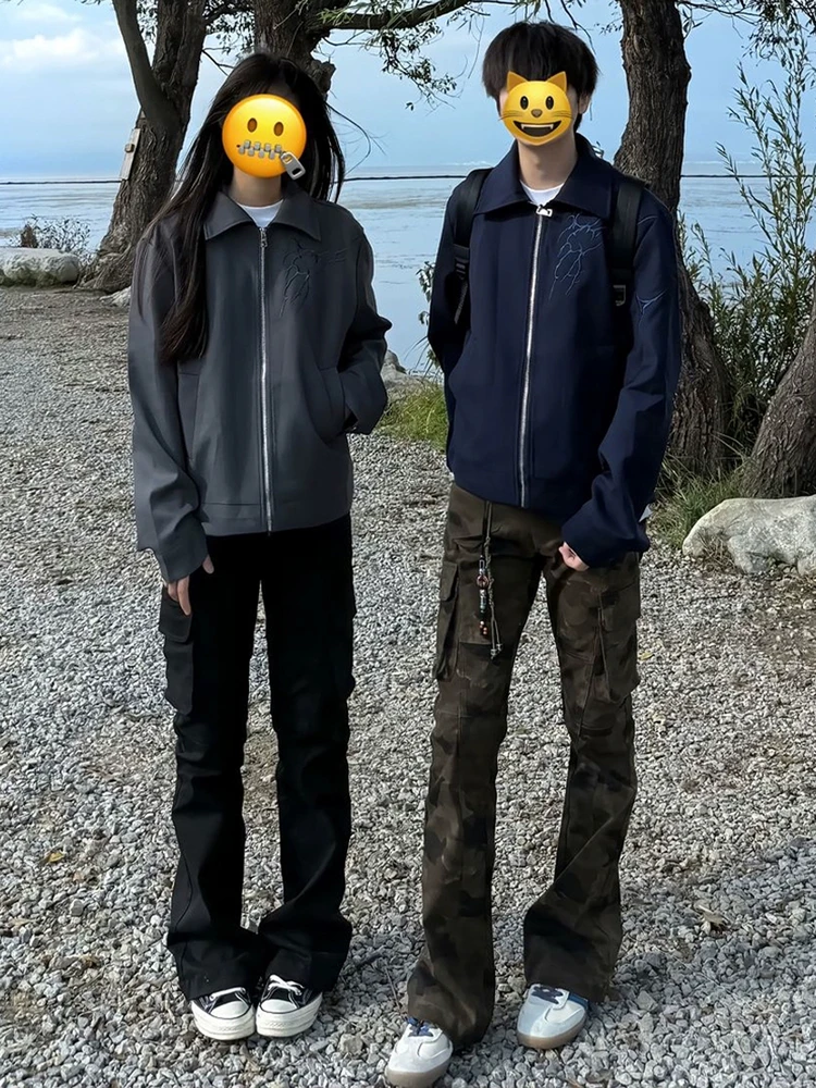 

Американские ретро-брюки в камуфляжном стиле для мужчин, прямые джинсы с легким клешем в стиле High Street Vibe для пар, повседневная одежда