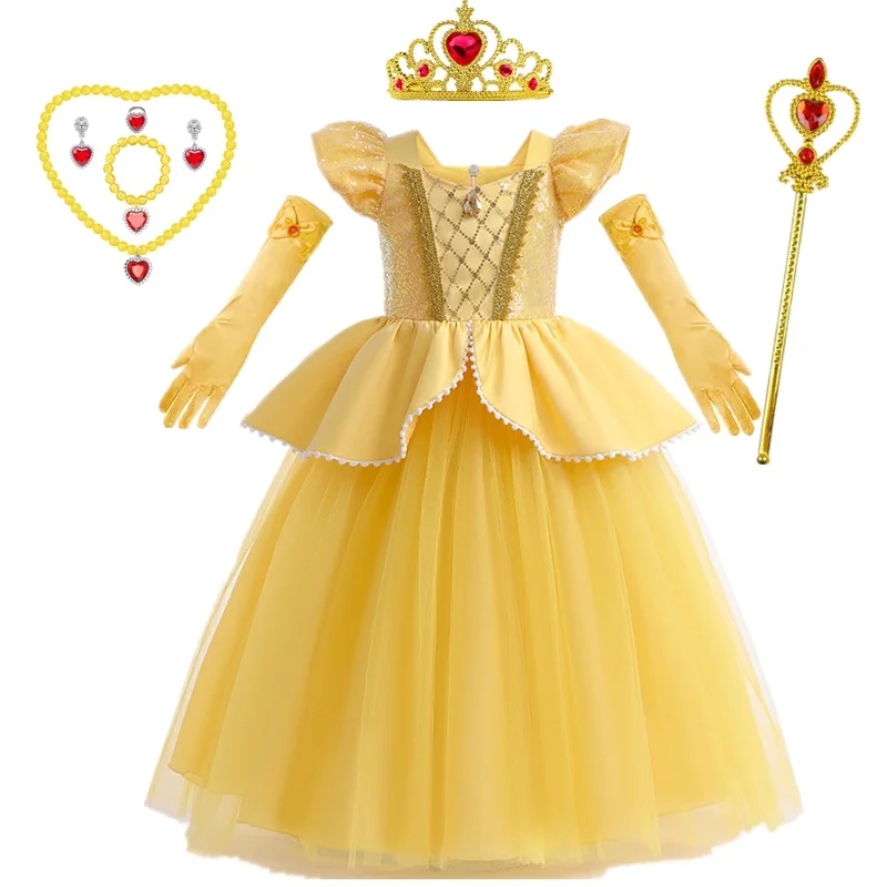 Girls Belle Princess Dress Kids Ball Gown Cosplay Costume Beauty and Beast Child Xmas Birthday Carnival Party Halloween Disguise