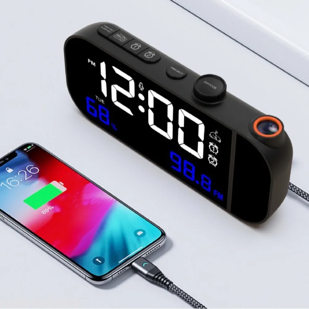 FM Radio LED Projection Clock Thermometer Hygrometer Dual-set Independent Alarm Clock Digital Radio Projection Clock