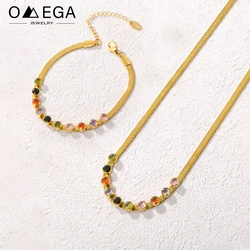 Women's Colorful Zircon Necklace Bracelet 18k Gold Plated Stainless Steel Snake Chains Necklaces Bracelets Jewelry Set For Women