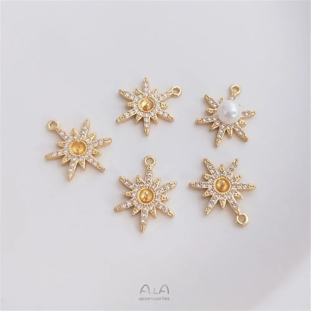 14K Gold Plated Micro Set Zircon Mang Star Snowflake Half Hole Pearl Holder Pendant DIY Star Pendant C093