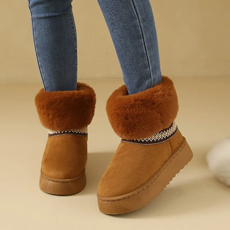 Winter New Women's Slid Color Vintage Comfortable Anti Slip Thick Sole High Heel Snow Boots Women Keep Warm Fashion Snow Boot