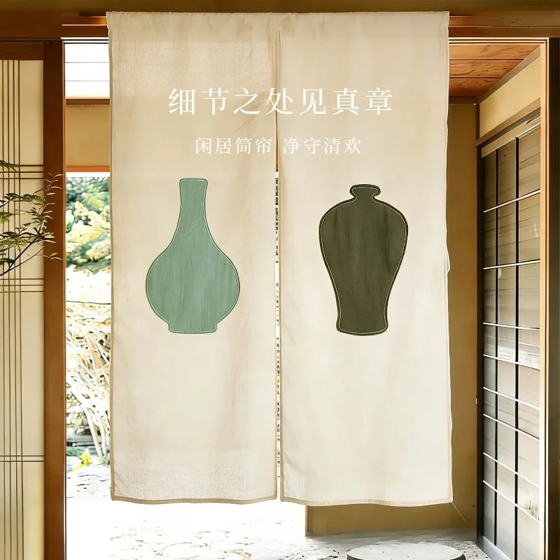 New Chinese Zen Half Door Curtain, Cotton Linen Fabric No Punch Partition Curtain for Entrance, Kitchen, Tea Room & Study Decor