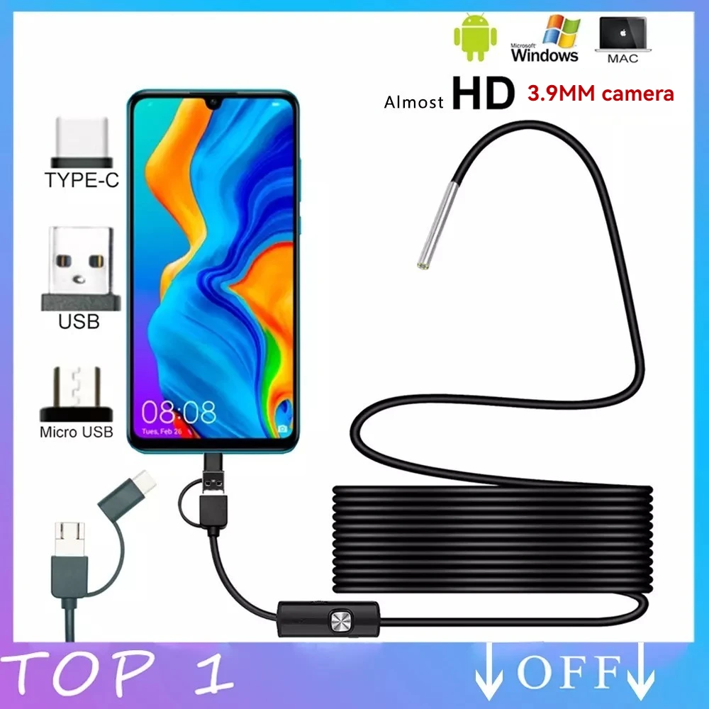 Borescopes 3.9mm USB Industrial Endoscope, Type C 3-in-1 Borescope For Android,With 6 LED Lights Tube Sink Drain Pipe Camera