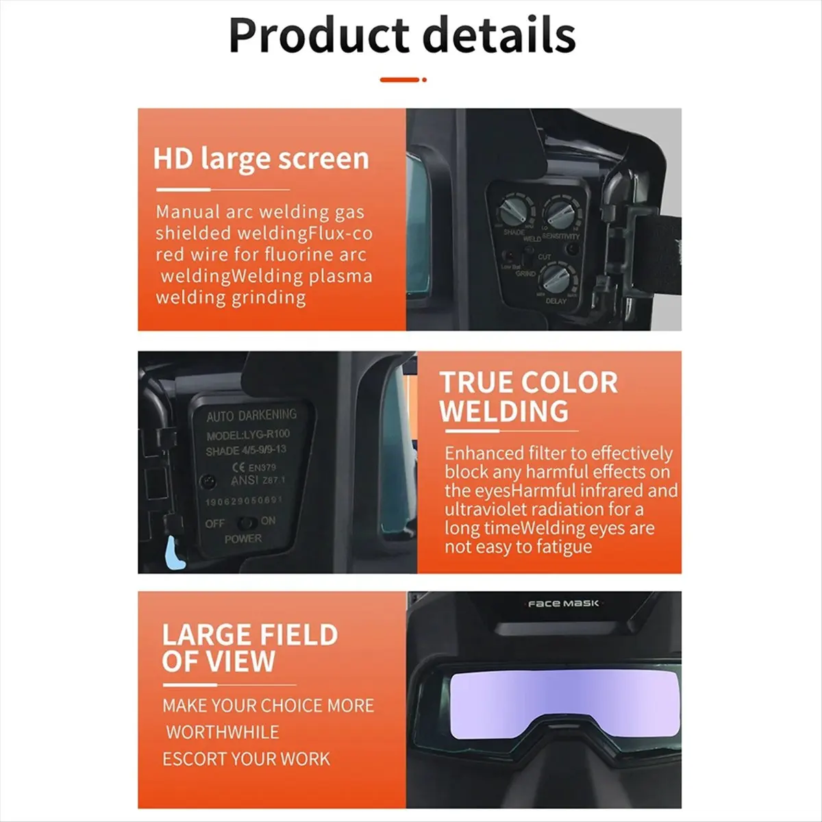 Y17A New Auto-Dimming Welded Head Goggles,4/5-9/9-13 with Grinding, Suitable for TIG MIG ARC Plasma Cutting