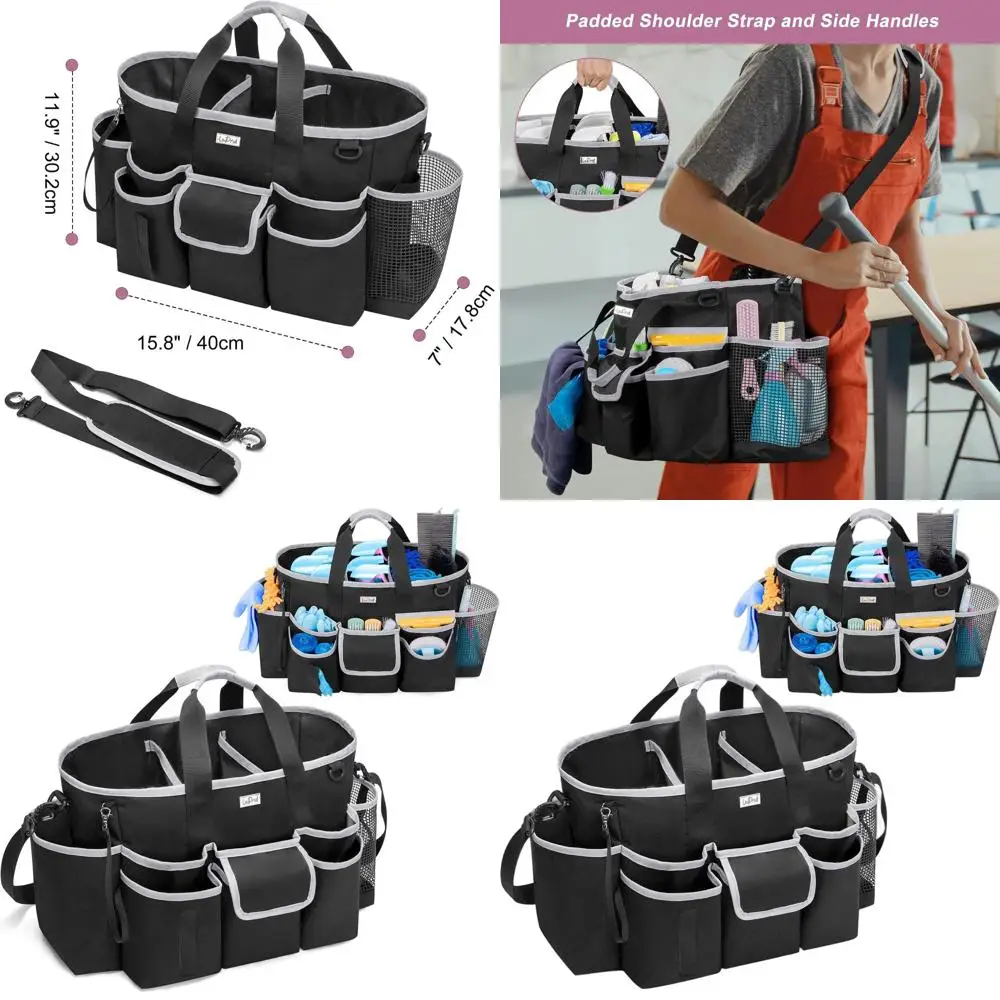 

Multi-Pocket Cleaning Caddy Bag with Handle & Strap, 3-Section Organizer for Cleaning Tools, Black/Gray Accents