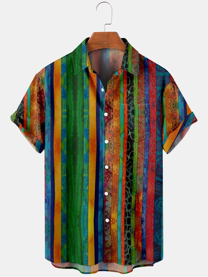 New Hawaiian Shirt for Men Geometric Line Print Beach Summer Casual Shirts Breathable Cool Vacation Hangover Tops