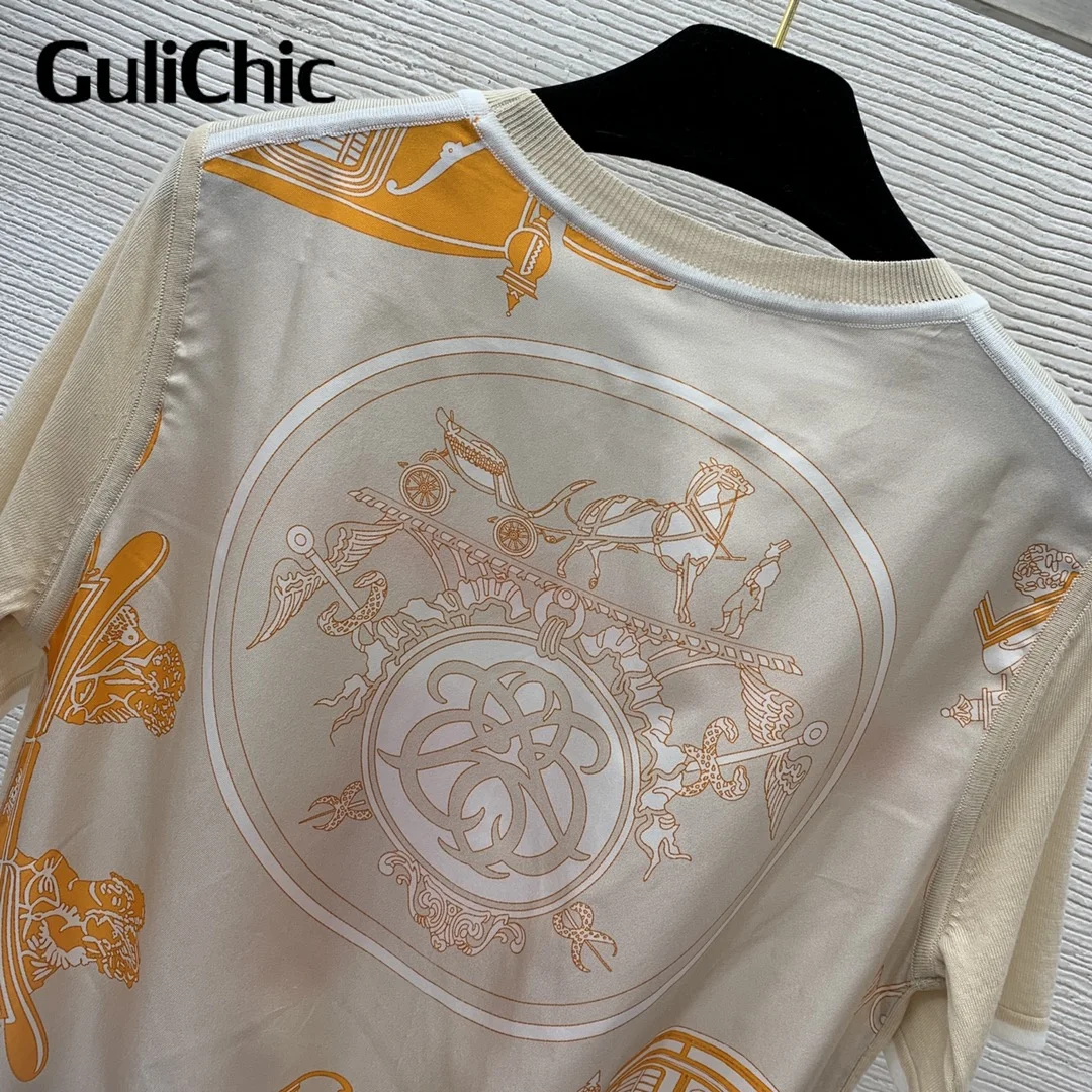 9.19 GuliChic 2023 new fashion brand tee 100% silk knitting knitted horse royal print casual T shirts tops designer for women