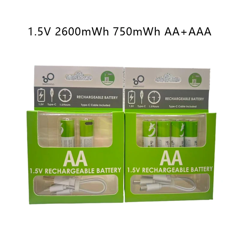 

1.5V 2600mWh 750mWh AA+AAA Li-ion Batteries for Toys Mouse Clock Shaver Hermometer+TYPE-C Cable AA+AAA USB Rechargeable Battery