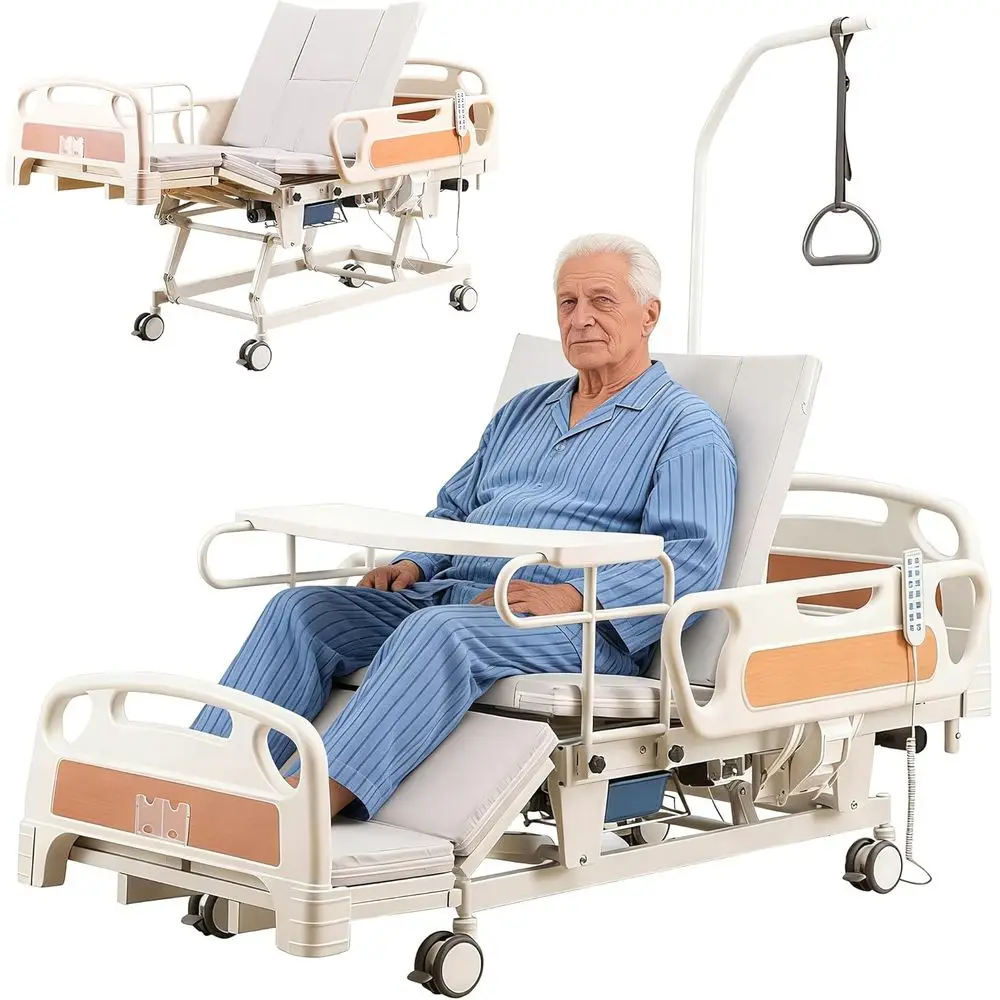 

Adjustable Height Electric Medical Bed for Hospital and Home, 18-29, with Lateral Traction, Mattress, IV Pole, Side Rails, Dinin