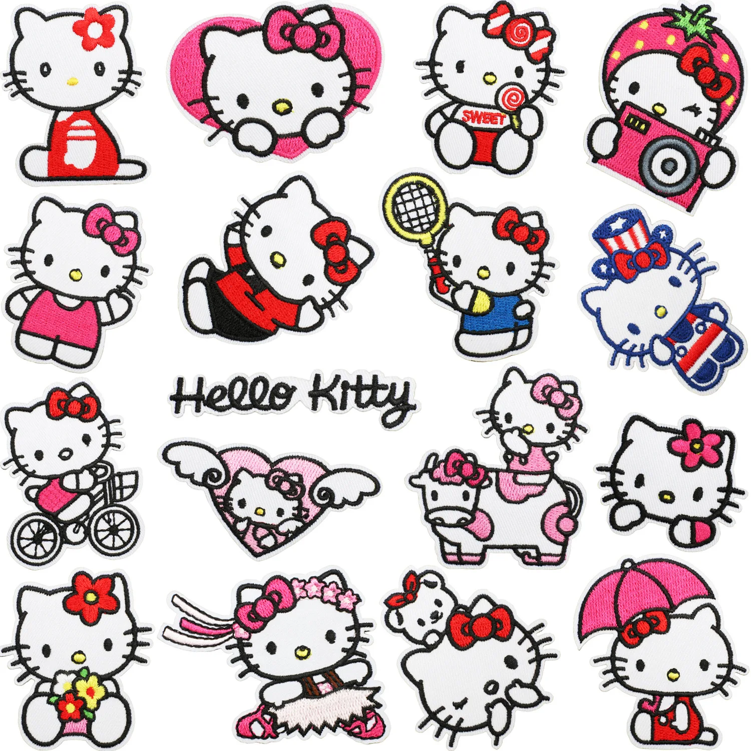 

17pcs Cartoon Cute Hello Kitty KT Cat Applique For Sew on Child Clothes jacket Hat Ironing Embroidered Patches DIY Jeans Sticker