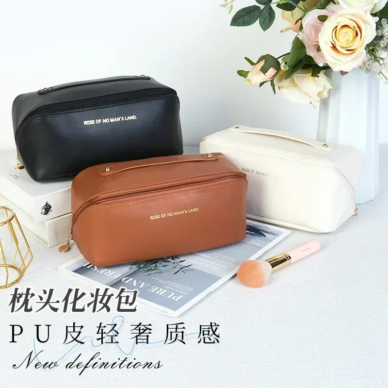 

Cosmetic ins large capacity pillow storage PU leather portable cosmetic travel business travel portable toilet bag